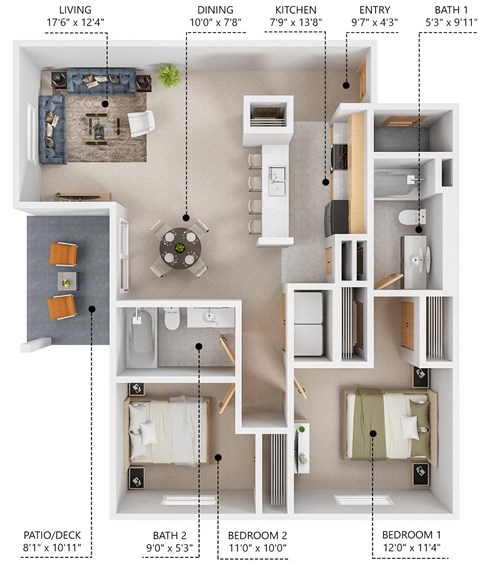 Floor plan for 2 beds, 2 baths, 1036 sqft